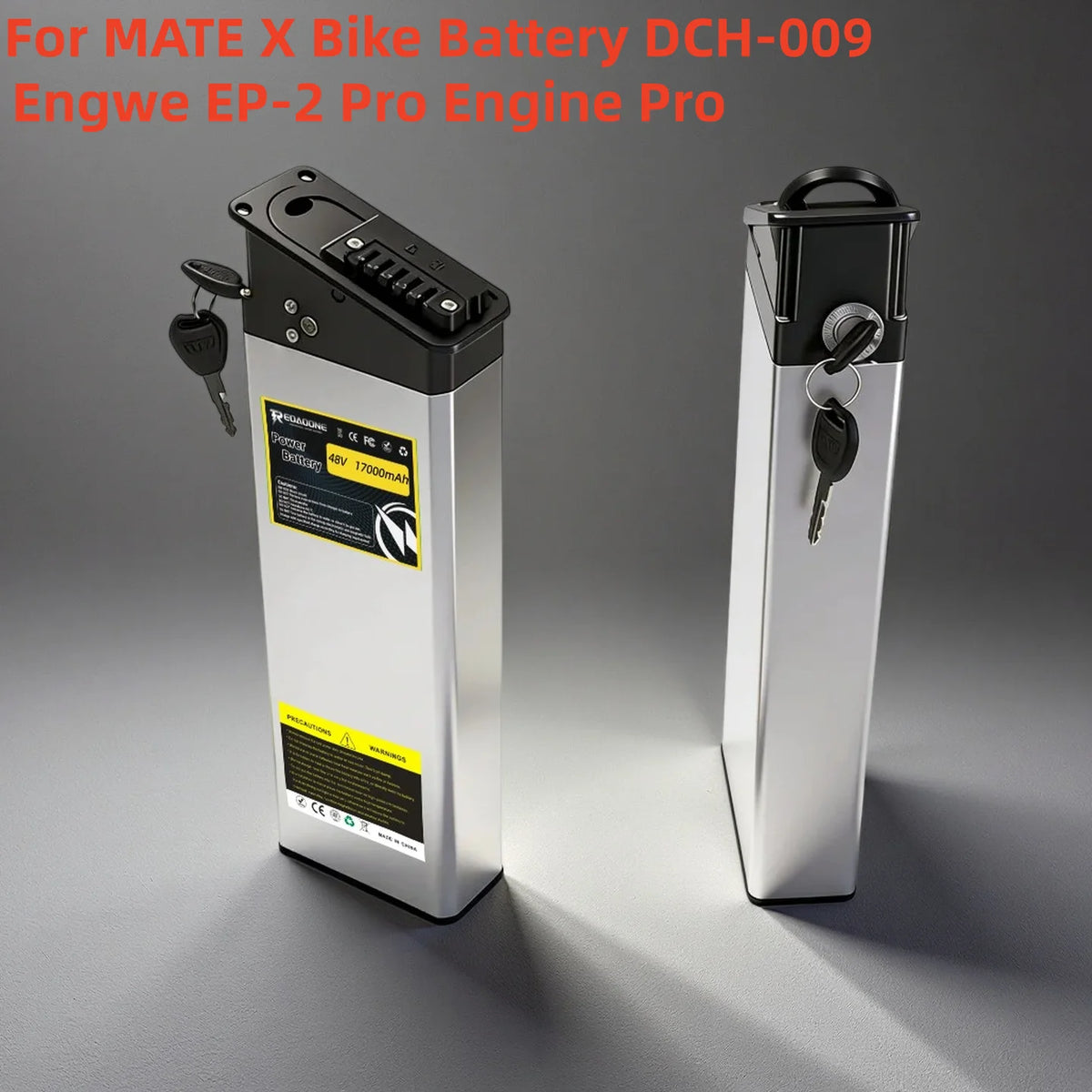 Two silver and black Engwe EP-2 Pro battery units with keys, shown on a gray gradient background with red text overlay at the top.