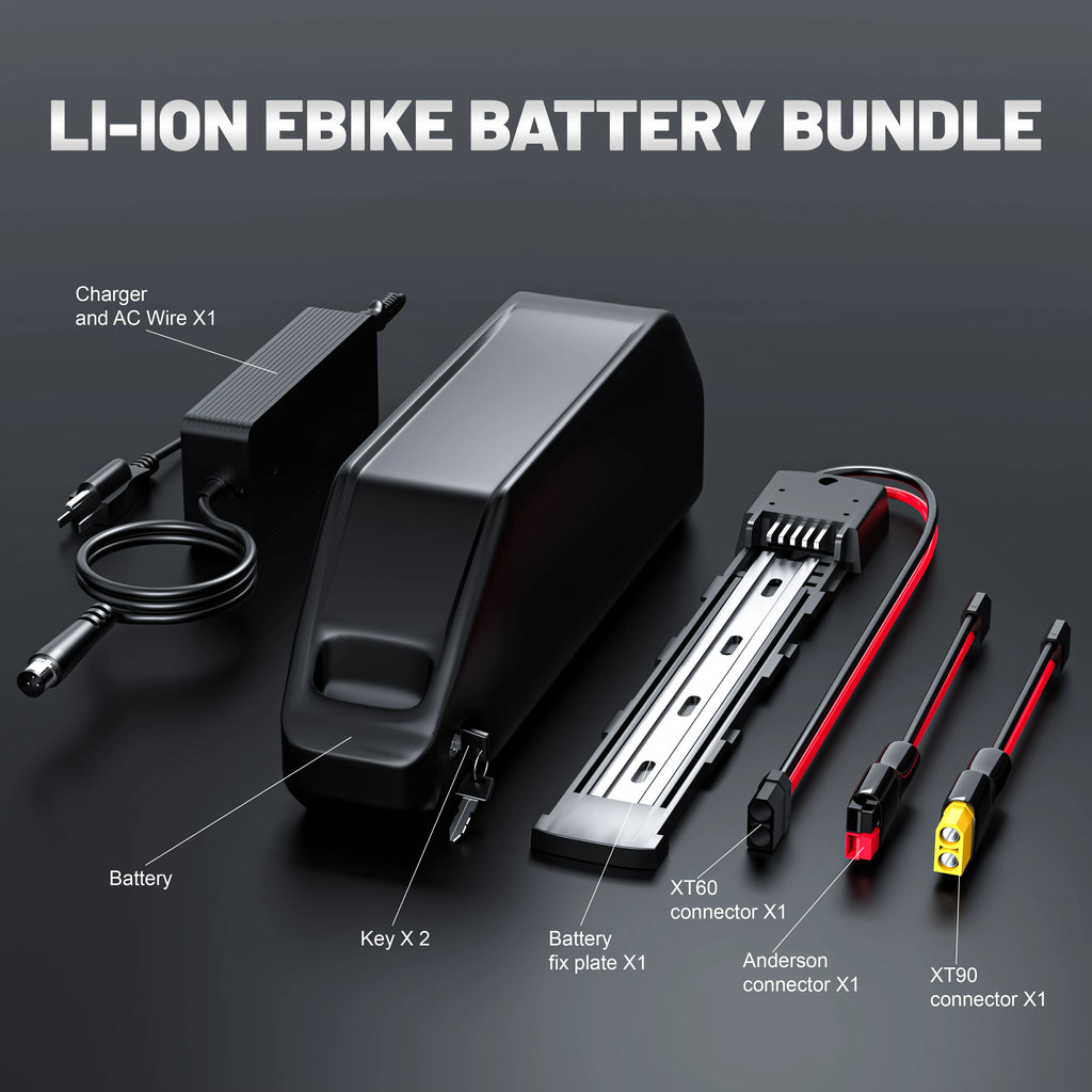 A black e-bike battery bundle set displayed on a dark gray background with white text labels identifying each component: charger with AC wire, battery, two keys, XT60 connector, Anderson connector, and XT90 connector.