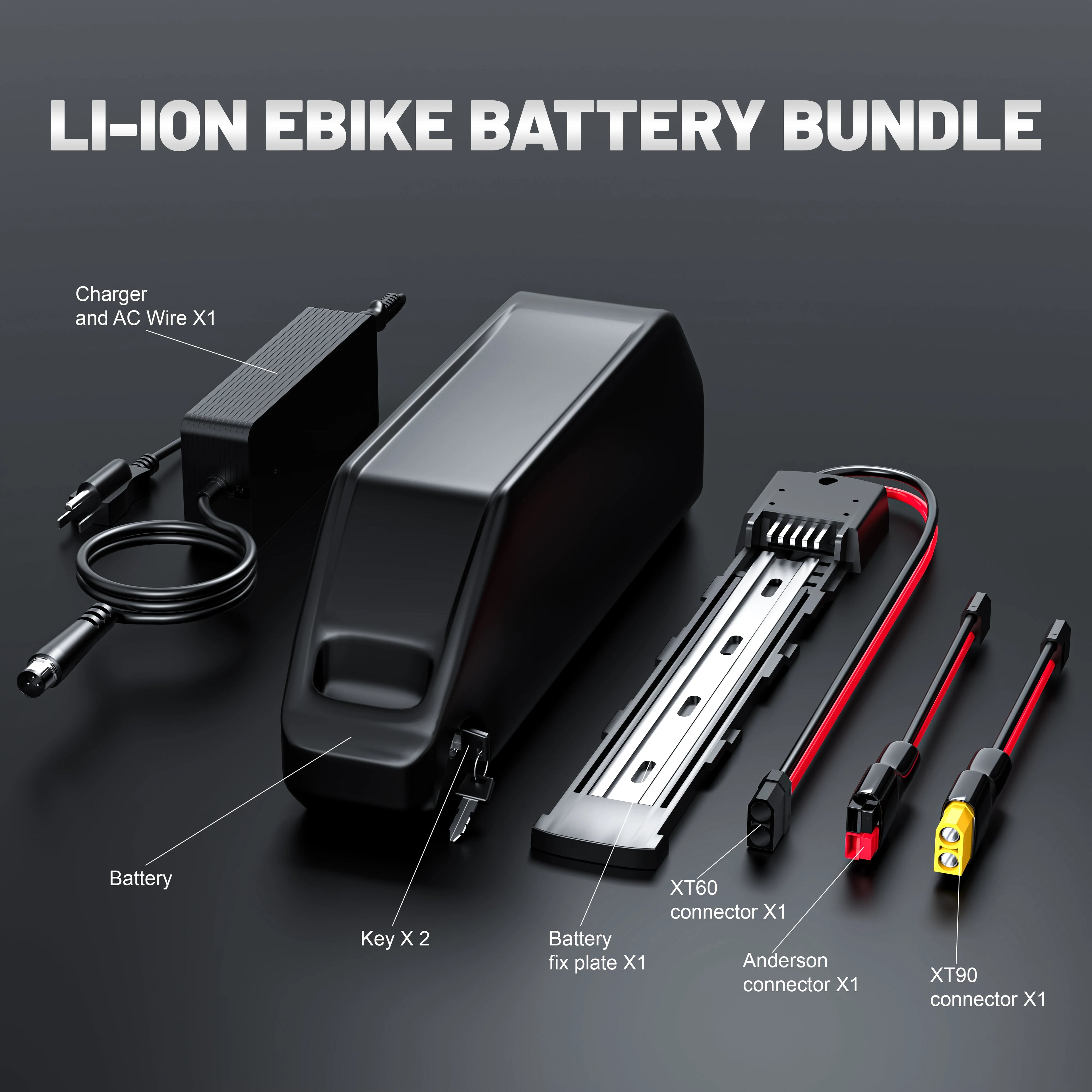 A black e-bike battery bundle set displayed on a dark gray background with white text labels identifying each component: charger with AC wire, battery, two keys, XT60 connector, Anderson connector, and XT90 connector.