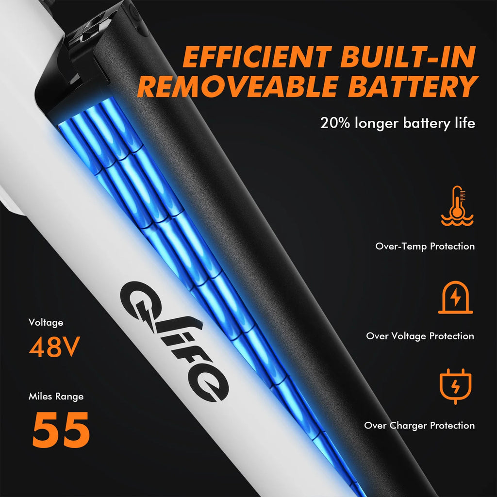 Electric scooter battery with 'Glife' branding and specifications on a black background