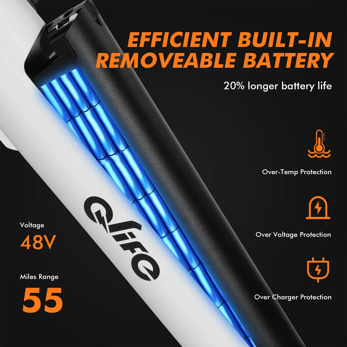 Electric scooter battery with 'Glife' branding and specifications on a black background
