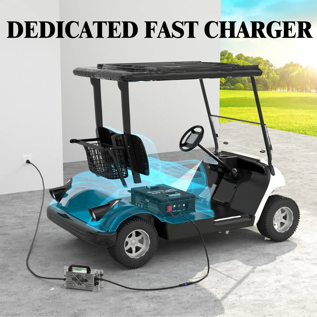 A white and black golf cart shown with a transparent blue overlay indicating fast charging, connected to a portable air pump charger on a concrete surface. The background is a mix of a white wall and a sunny green golf course.