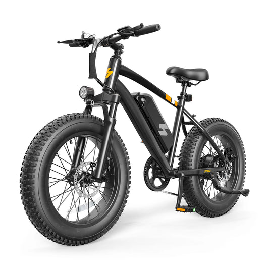 A matte black electric fat tire bike with a front suspension fork, rear shock, front LED light, and a central battery pack, shown on a white background.
