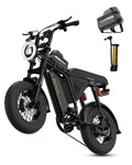 Black electric dirt bike with a round headlight, shown on a white background with accessories including a storage bag, pump, and helmet.