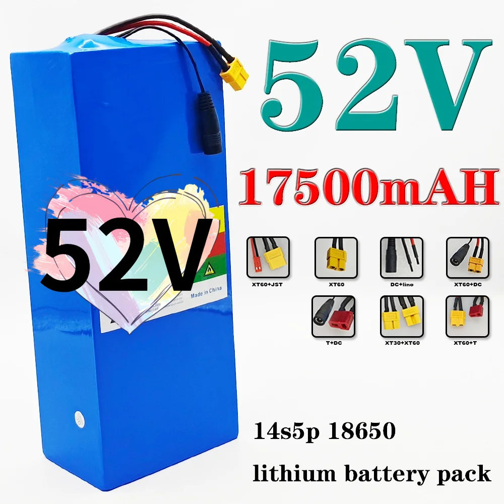 A blue rectangular lithium battery pack with black and red cables and a yellow connector, shown on a white background with large text reading 52V, 17500mAH, and smaller text for a 14s5p 18650 lithium battery pack. Small connector type icons appear on the right.