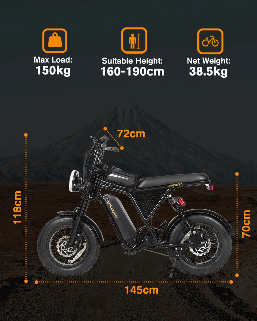 An electric bicycle shown on a dark outdoor-style background with overlaid dimension lines and text indicating max load 150kg, suitable height 160-190cm, net weight 38.5kg, plus measurements for length, width, and height.