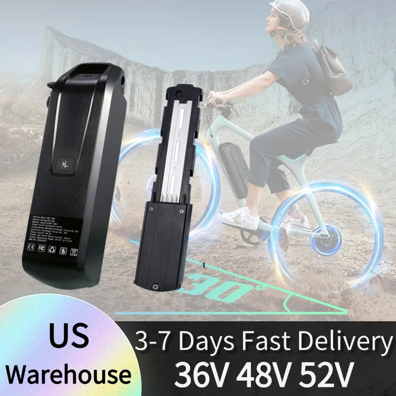 Electric bike battery with a person riding a bike in the background, text about delivery time and voltage.