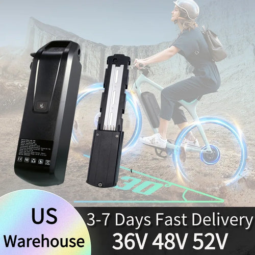 Electric bike battery with a person riding a bike in the background, text about delivery time and voltage.
