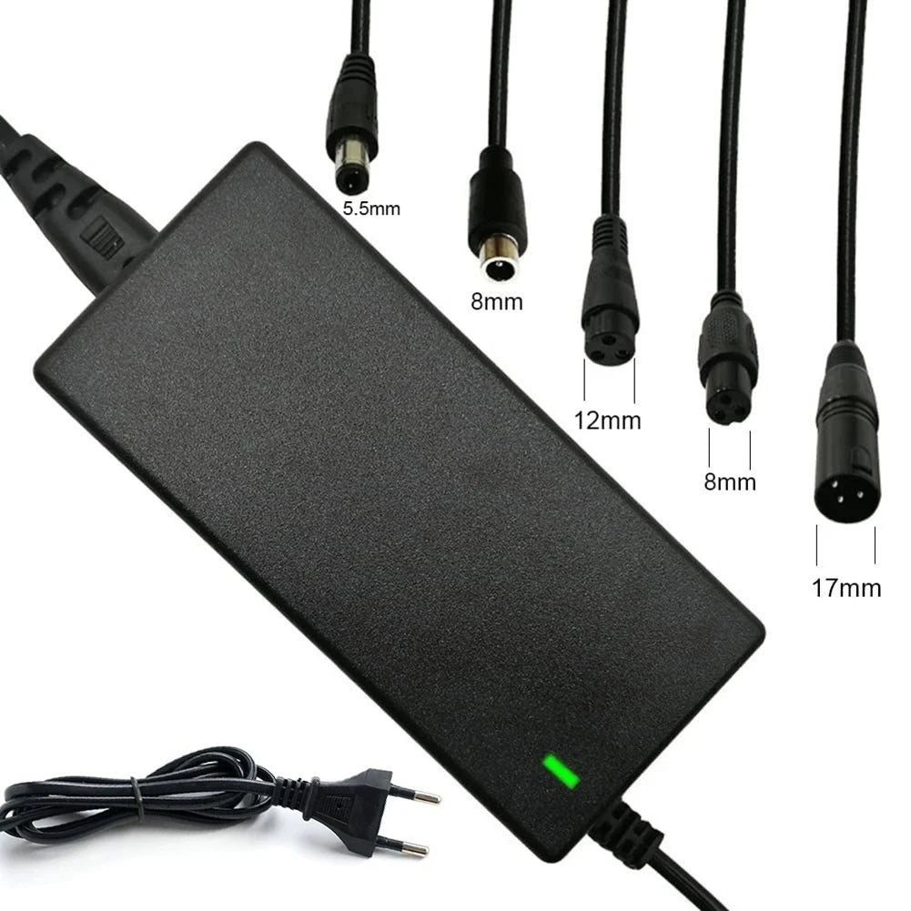 Black DC power adapter with multiple cable connector sizes shown, including 5.5mm, 8mm, 12mm, 8mm, and 17mm, plus a European plug cable on a white background.