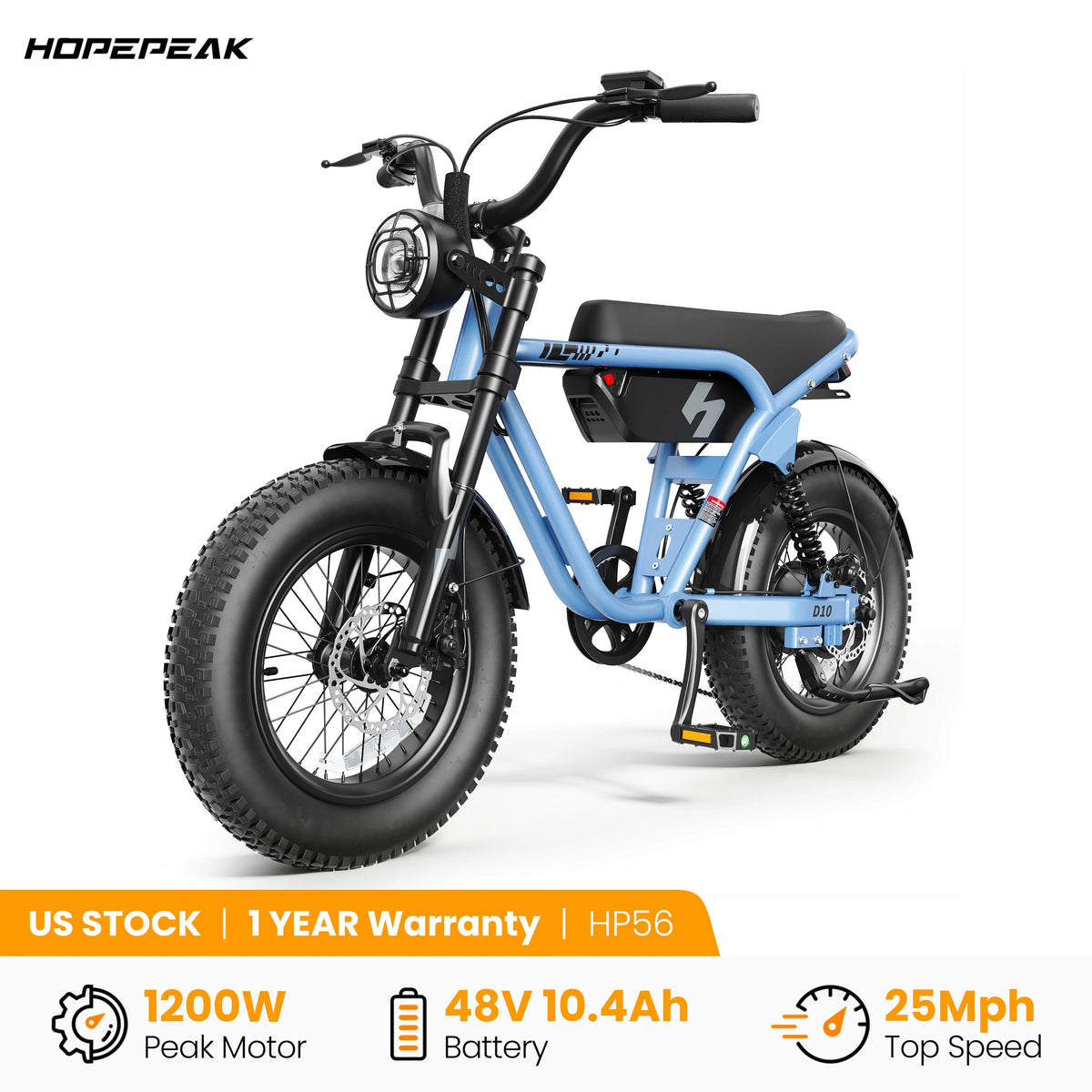 Blue electric bike with specifications on a white background