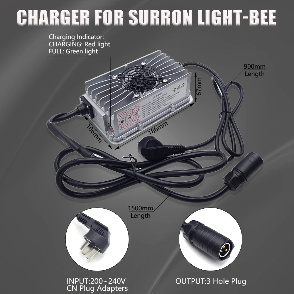 A silver and black surron Light-Bee charger with dimensions labeled (186mm x 186mm x 67mm), showing its power cable, 3-hole output plug, and CN plug adapters on a dark gray background.