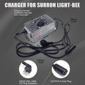 A silver and black surron Light-Bee charger with dimensions labeled (186mm x 186mm x 67mm), showing its power cable, 3-hole output plug, and CN plug adapters on a dark gray background.