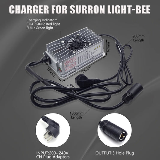 A silver and black surron Light-Bee charger with dimensions labeled (186mm x 186mm x 67mm), showing its power cable, 3-hole output plug, and CN plug adapters on a dark gray background.