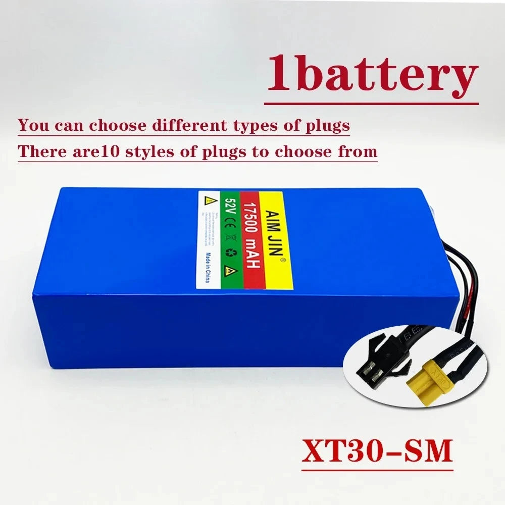 A blue rectangular lithium-ion battery pack with a multicolor label, shown on a white background with red text overlays and a circular inset showing different plug styles.
