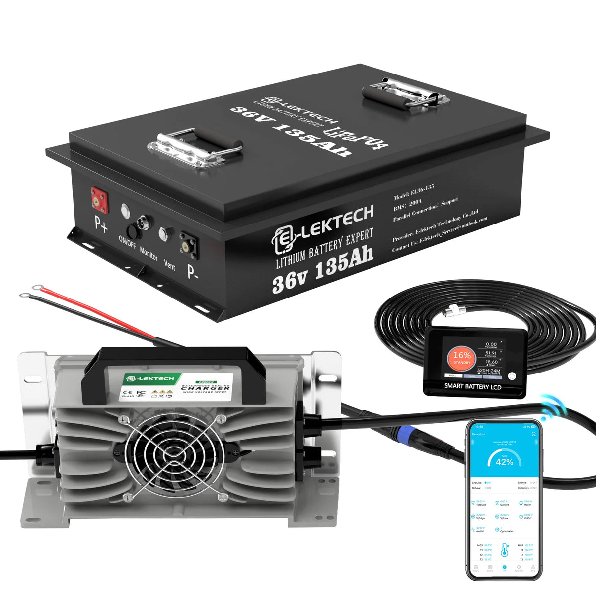 Lektech 36V 135Ah lithium battery pack with a smart charger, smart battery monitor, and a smartphone app control screen, displayed on a clean white background.