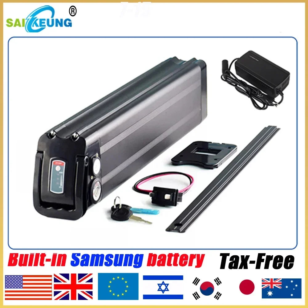 A Samsung built-in battery for electric bicycles, shown with its accessories including a power adapter, keys, and mounting brackets on a white background with a blue and red border. The brand 'SAI KEUNG' is visible in the top left corner.