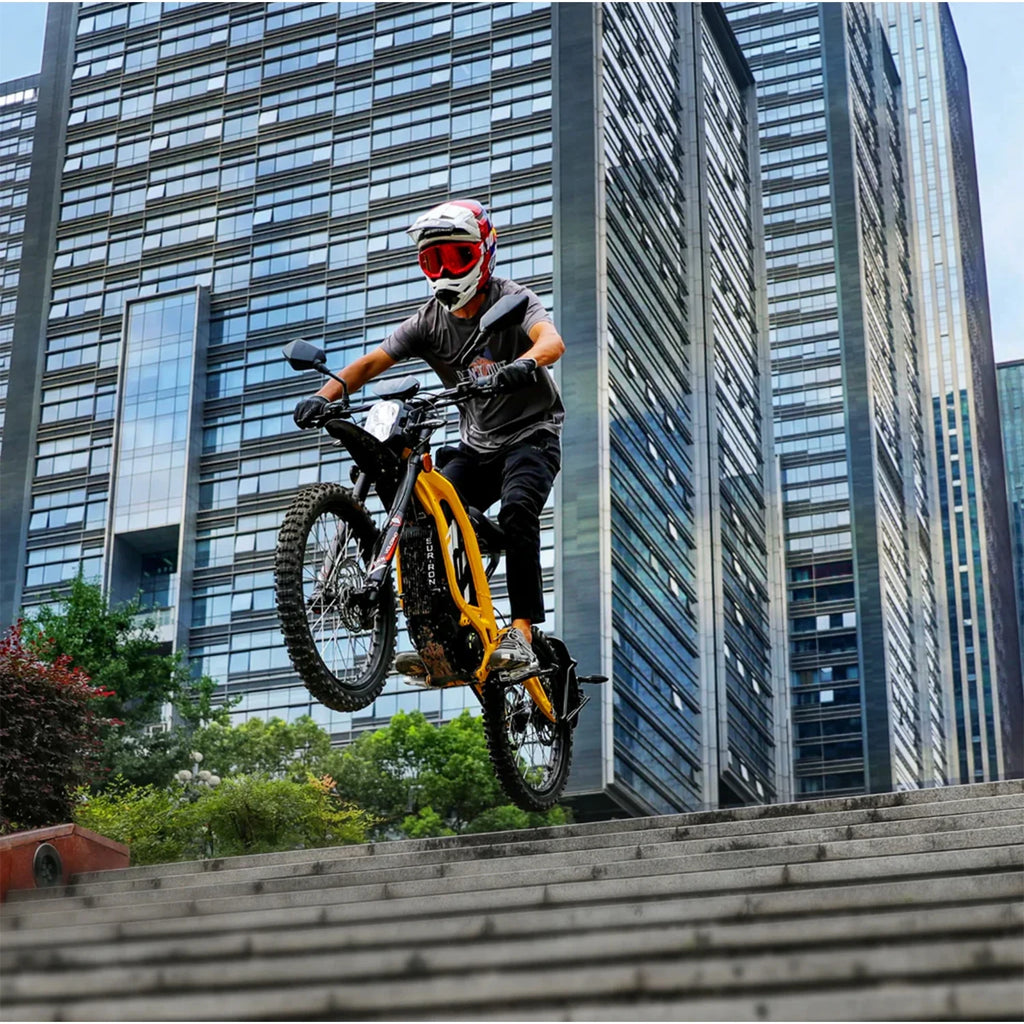 Person on a bicycle performing a trick in front of tall buildings