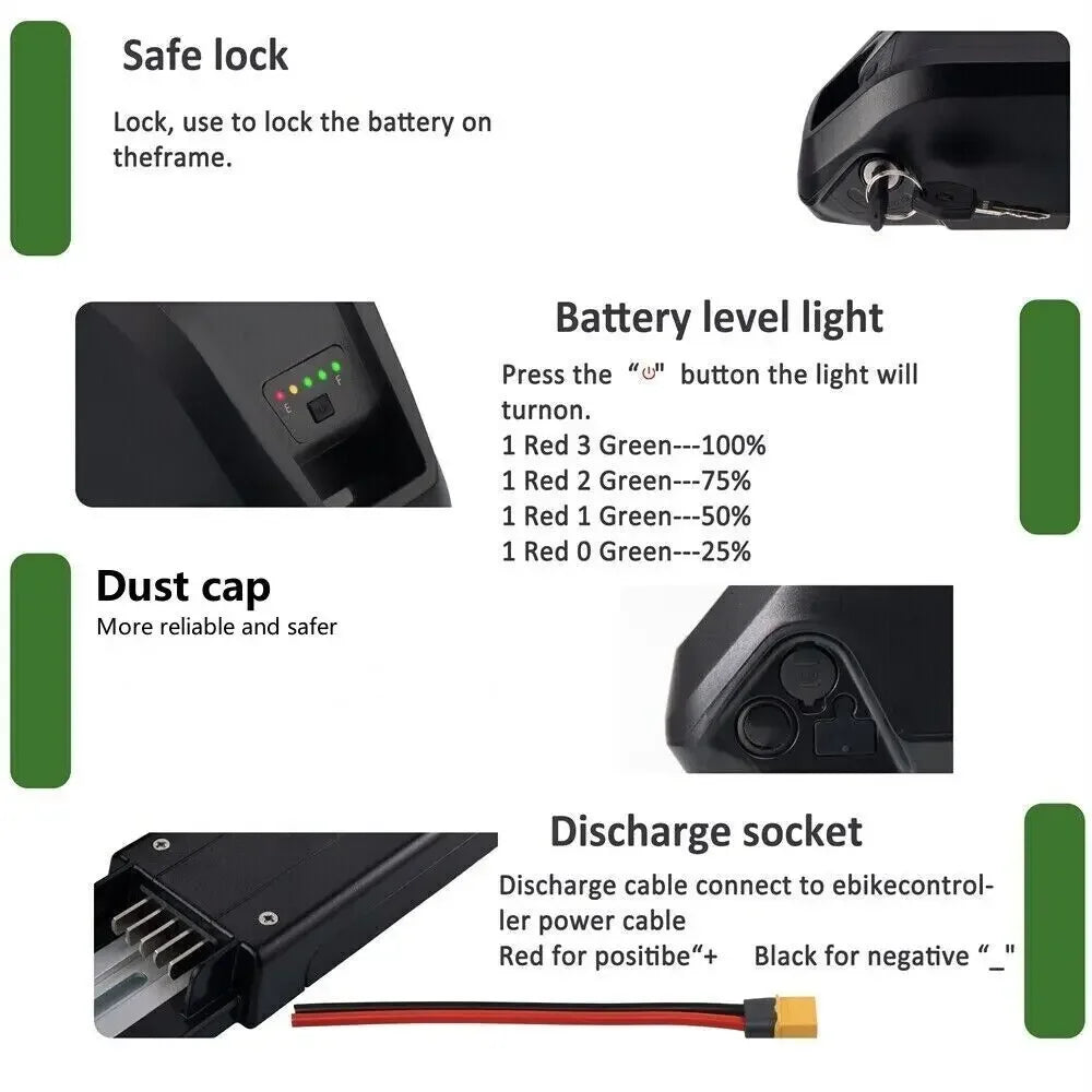 Diagram of a battery pack with labeled parts and functions on a white background.
