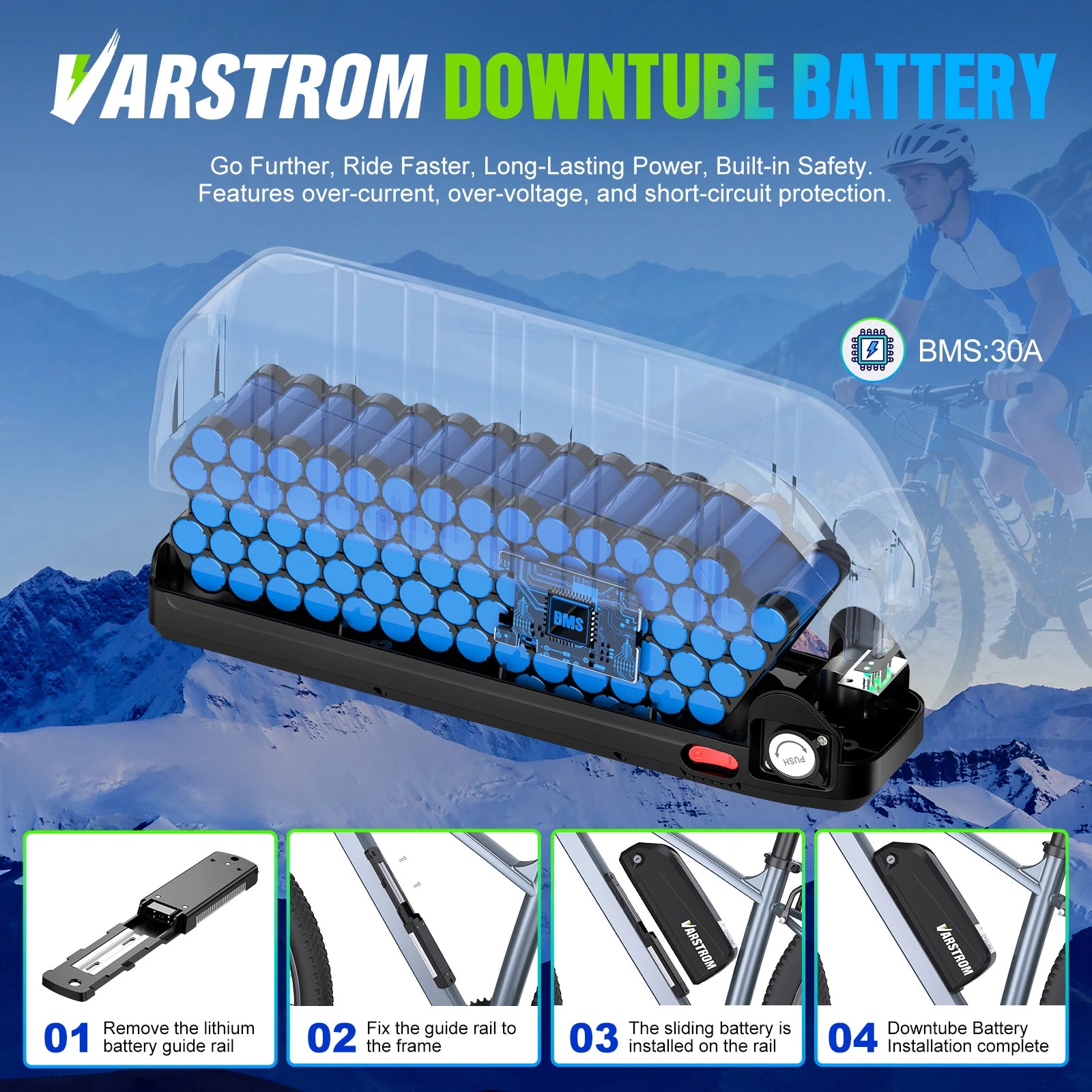 Varstrom downtube battery with mountain bike background and installation steps.