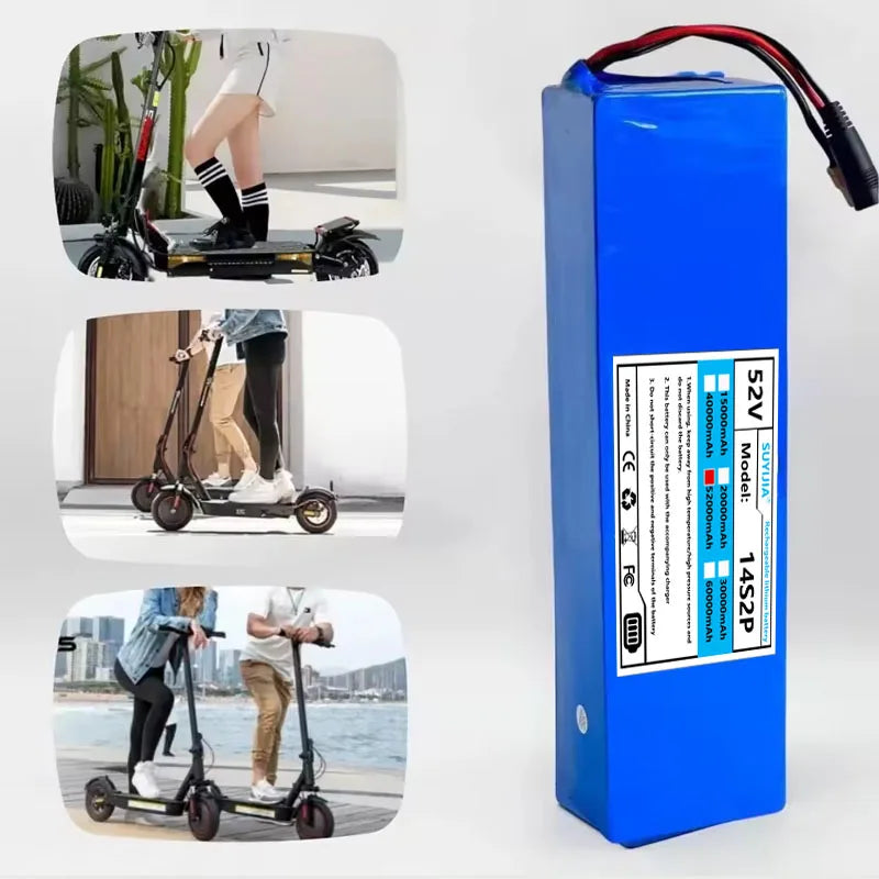 A 52V 14.2S lithium-ion battery pack for electric scooters, shown next to three inset photos demonstrating its use on scooters by different people.