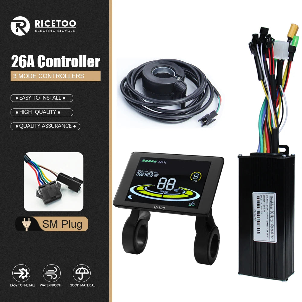 A 26A electric bicycle controller kit by RICETOO, featuring a black digital display controller, a black 3-mode controller module with multicolored wires, a black coil, and a black rectangular receiver box, shown alongside a black product information panel on a white background.