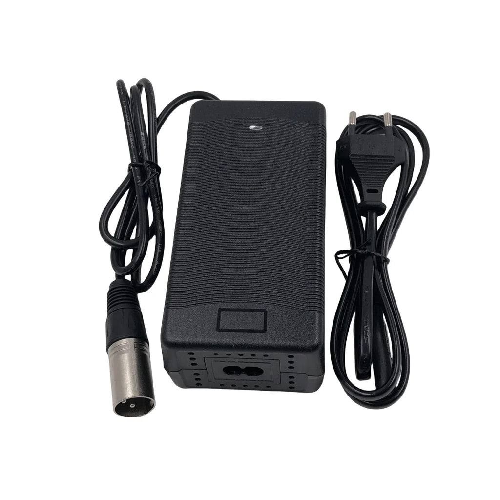 MYDA 54.6V 2A lithium battery charger showing the XLRM 3 pin male connector head configuration