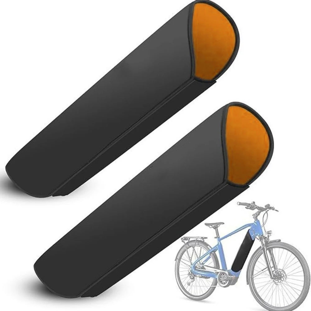 Two black bicycle handlebar grips with orange inner lining, shown on a white background with a small blue bicycle illustration at the bottom right.