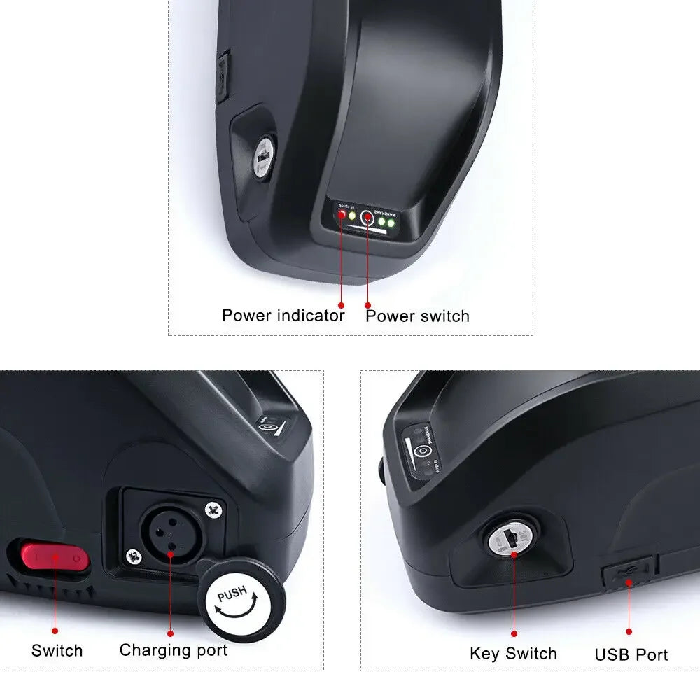 Three-panel close-up diagram of a black handheld electronic device showing labeled features: power indicator, power switch, charging port, key switch, and USB port, with callout arrows and text on a white background.