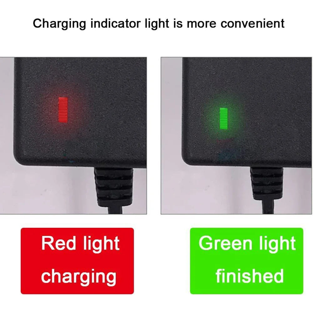 Two charging indicator lights, one red and one green, with labels indicating charging and completion.