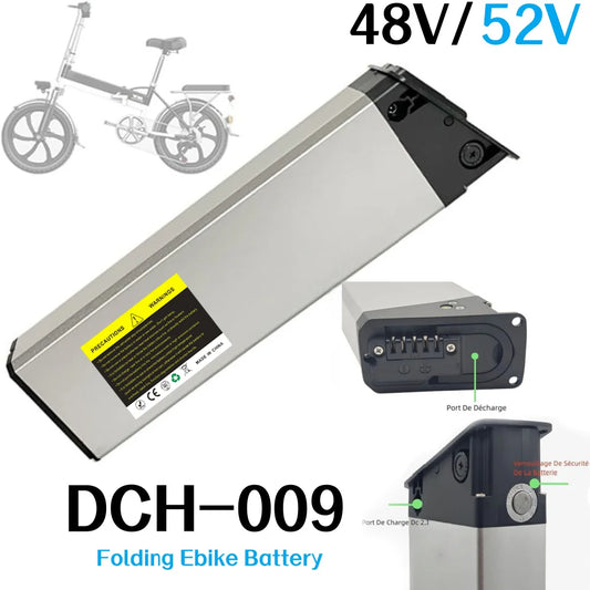 A silver and black folding electric bike battery labeled DCH-009, shown on a white background with a faded bicycle illustration, voltage text reading 48V/52V, and close-up views of the battery terminals and port details.