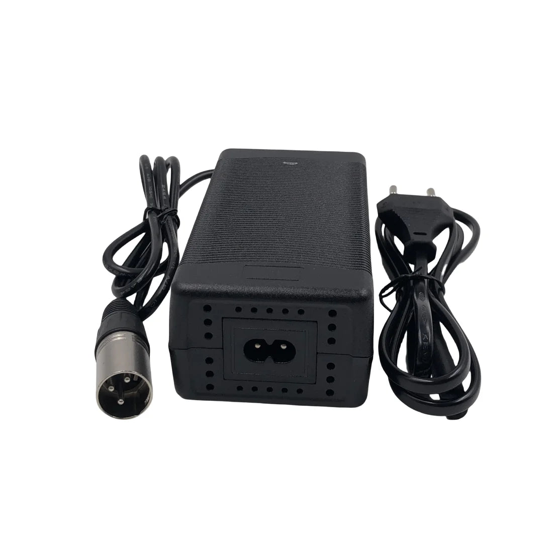MYDA 54.6V 2A lithium battery charger showing the XLRM 3 pin male connector head configuration