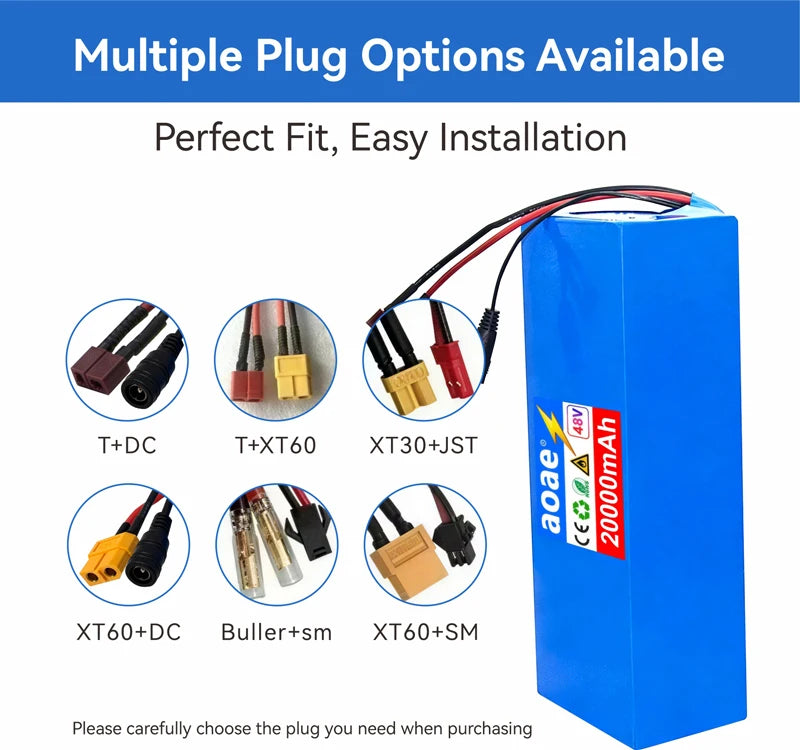 Blue rectangular lithium-ion battery pack with attached red, black, and yellow wires, shown on a white background with text reading 'Multiple Plug Options Available' and six circular inset photos of different connector types.