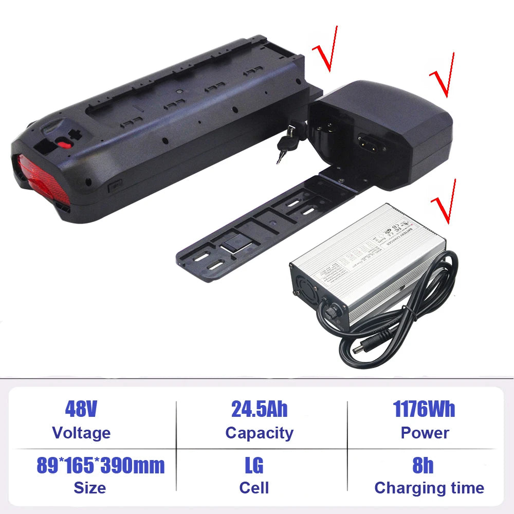 A portable power station and its charger accessories shown on a white background, with red check marks indicating compatibility or features. A blue information panel at the bottom lists specifications: 48V voltage, 24.