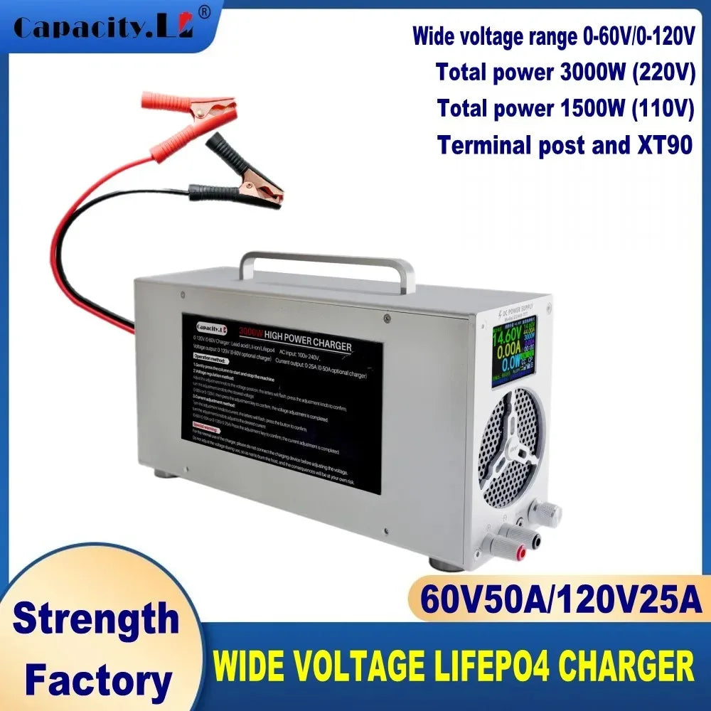A silver lifePO4 charger battery with a digital display screen, carrying handle, and attached red and black jumper cables, shown against a white background with blue and yellow promotional text overlays.