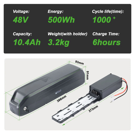 Battery pack with specifications and dimensions displayed on a white background