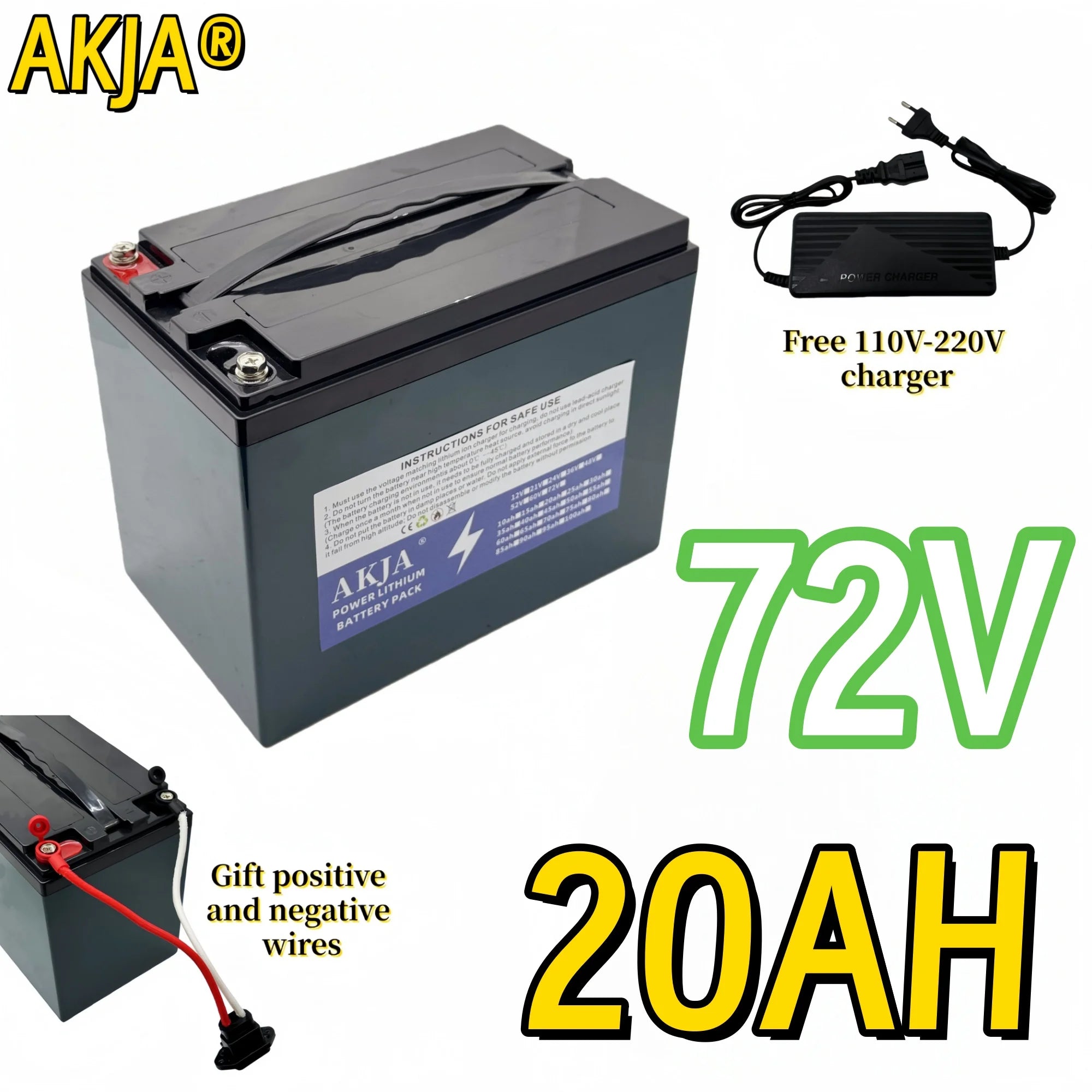 AKJA 72V 20Ah battery pack shown on a white background with a charger, positive and negative wire leads, and large text reading 72V and 20AH.