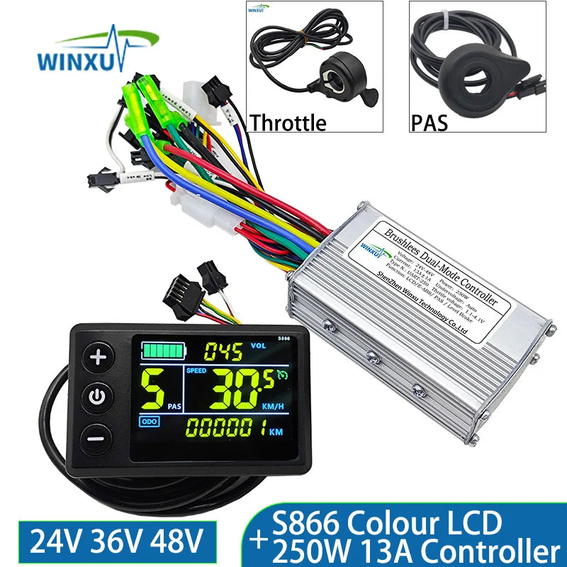 Motorcycle speedometer and controller with wiring harnesses on a white background