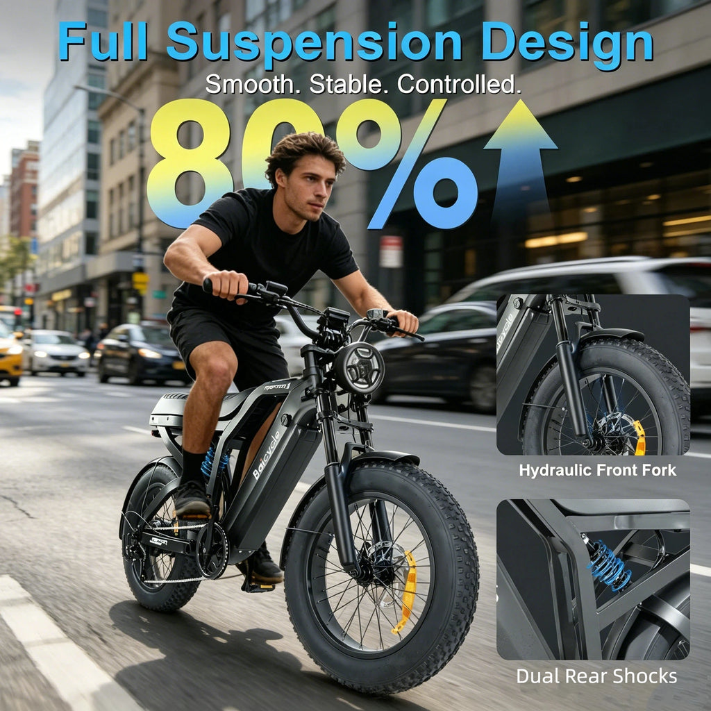 A man rides an electric bicycle on a city street, with large promotional text reading 'Full Suspension Design' and '80%+' plus inset close-ups of the front fork and rear shocks. Because a person and a real outdoor environment are present, this is Lifestyle rather than Product/Packaging.