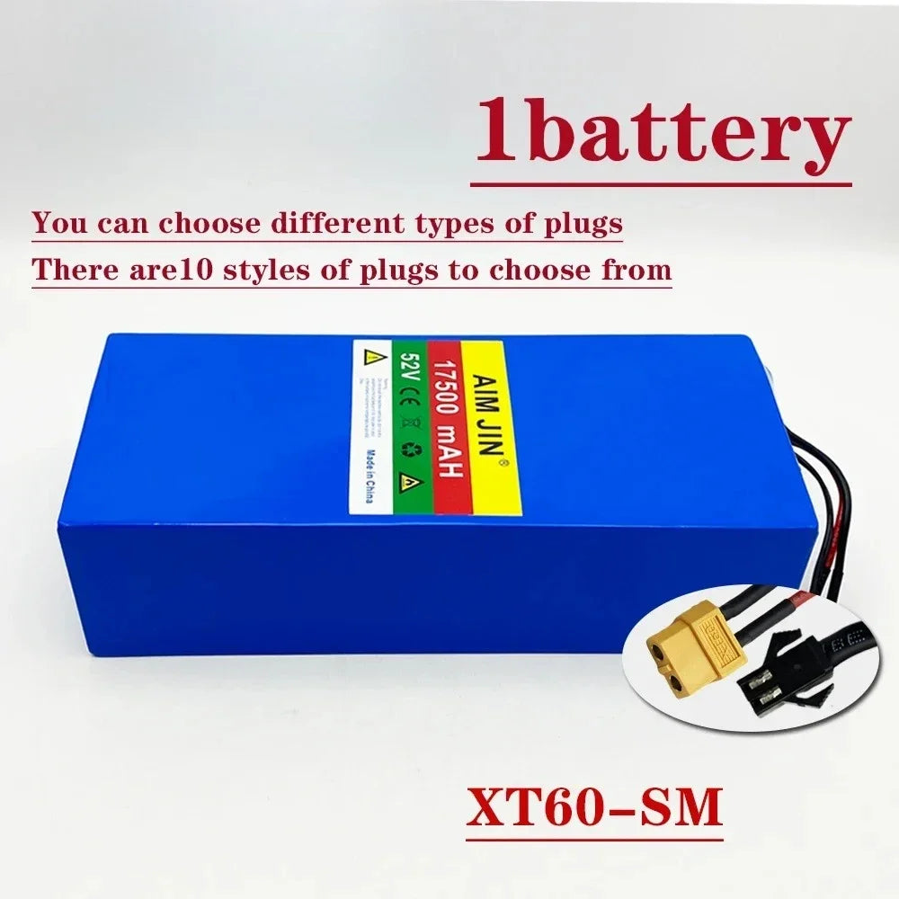 A blue rectangular lithium-ion battery pack with a multicolor label, shown on a white background with red text overlays and a circular inset showing connector options.