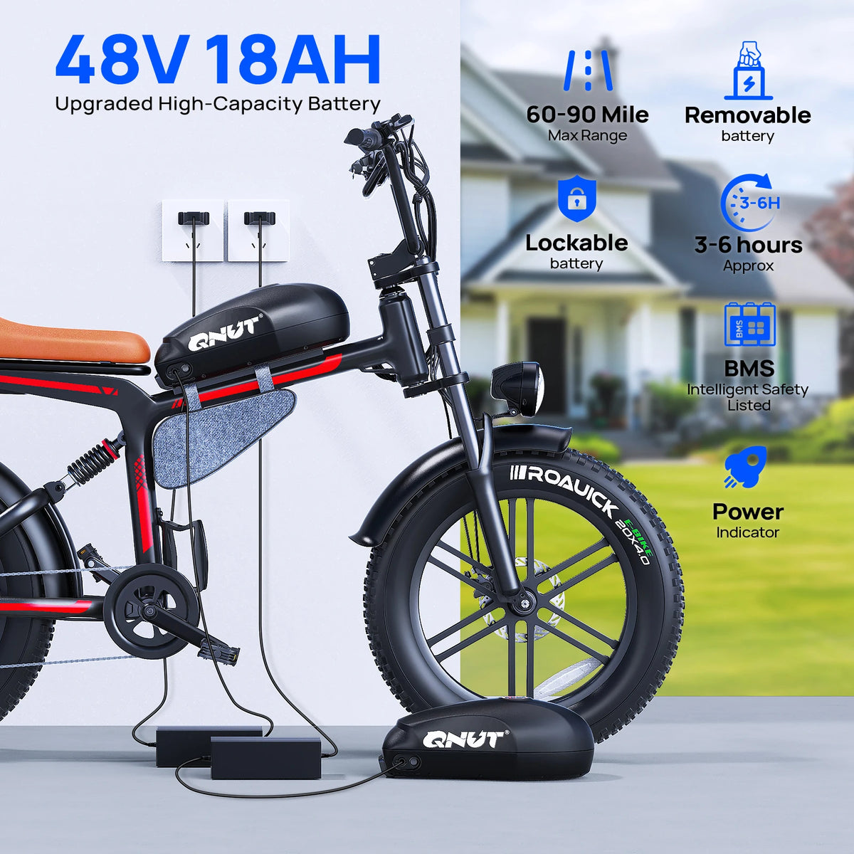 QNUT BK20 retro electric fat tire bike with 48V 18Ah removable battery and 20x4-inch tires