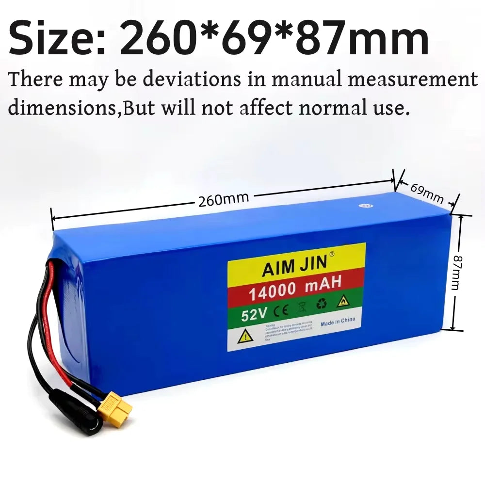 Blue AIM JIN 14000 mAh 52V lithium-ion battery with dimension annotations showing 260mm length, 69mm width, and 87mm height, on a white background.