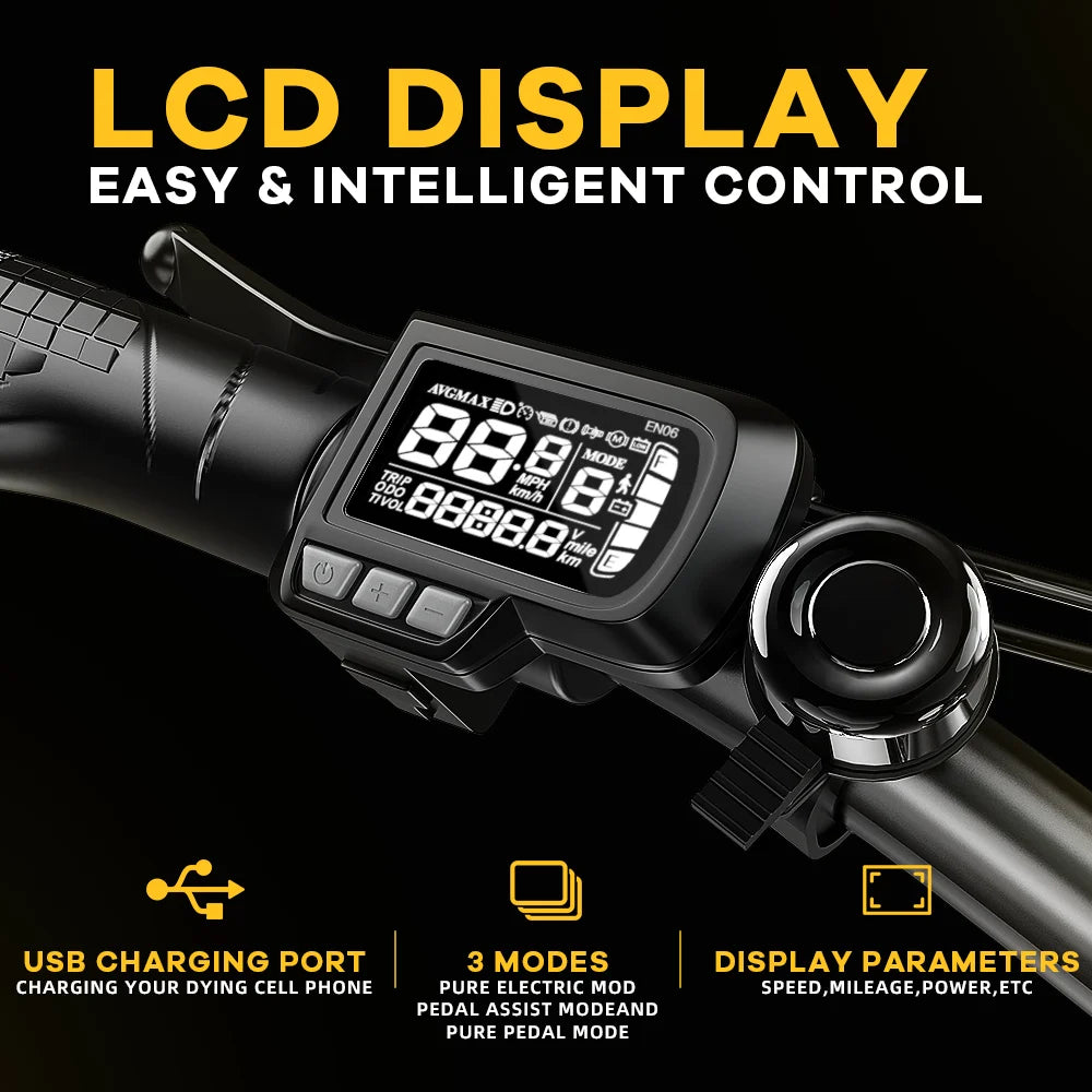 Digital display on a bike handlebar with LCD screen and control buttons, featuring text about its features.