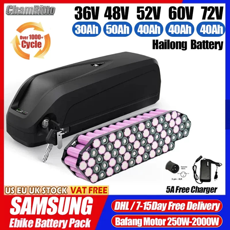 ChamRito Samsung Ebike battery pack with a black rectangular main unit and a pink cylindrical cell tray, shown with a free charger and text overlays detailing voltage, amp-hour capacity, and free delivery.