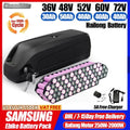 ChamRito Samsung Ebike battery pack with a black rectangular main unit and a pink cylindrical cell tray, shown with a free charger and text overlays detailing voltage, amp-hour capacity, and free delivery.
