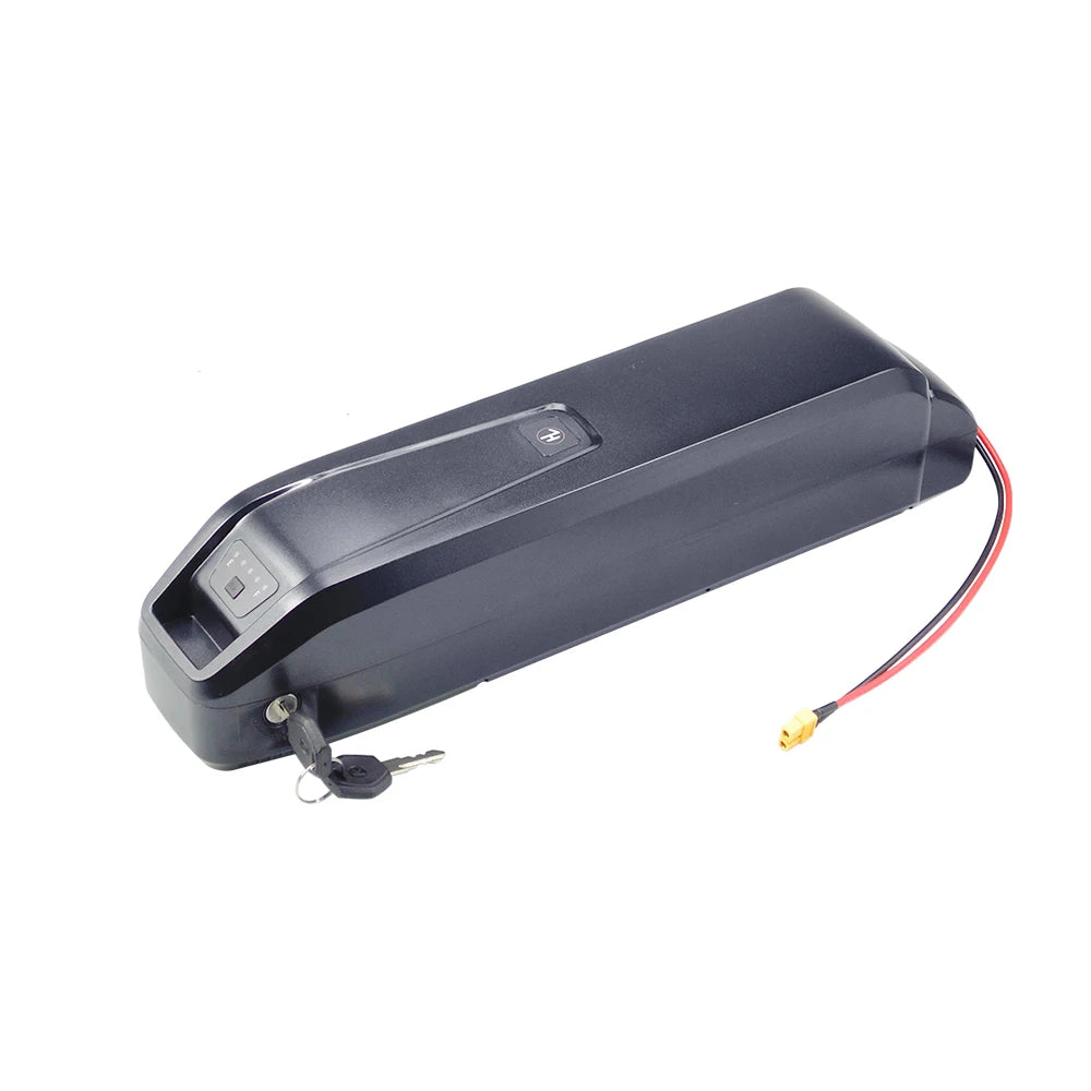 A black rectangular electric bicycle battery with a key lock and red/black wire connector, shown on a plain white background.