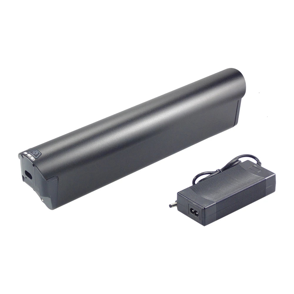 A black cylindrical electronic device shown with its matching power adapter on a plain white background.