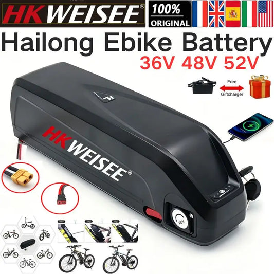 Black HK Weisee Hailong ebike battery with red and white branding, shown on a white background with product details, connector diagrams, bike illustrations, and a phone charging graphic.