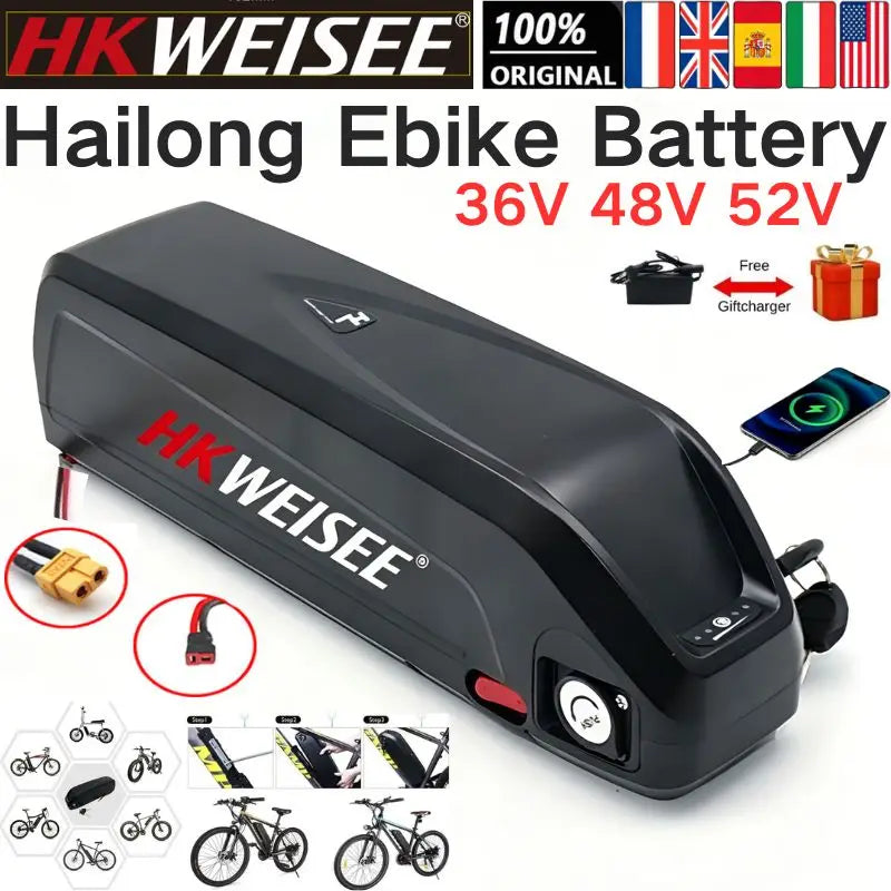 Black HK Weisee Hailong ebike battery with red and white branding, shown on a white background with product details, connector diagrams, bike illustrations, and a phone charging graphic.