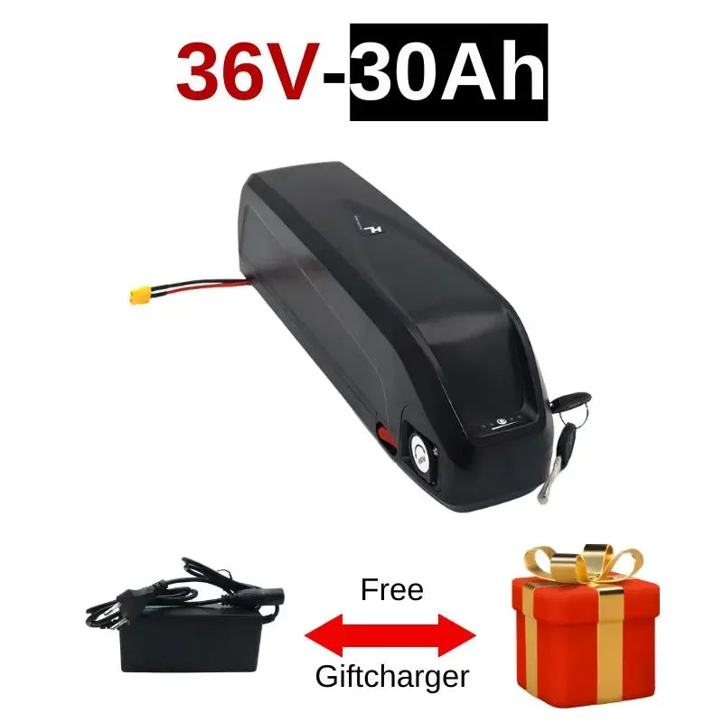 Black battery pack with 48V-20Ah label, free gift charger, and red gift box on a white background