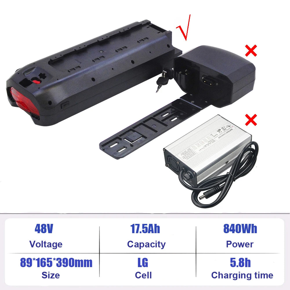 A battery charger kit shown on a white background with a feature comparison graphic and technical specifications. The kit includes a black battery terminal adapter, a black power supply block, a metal power supply unit with a black cable, and a mounting bracket.
